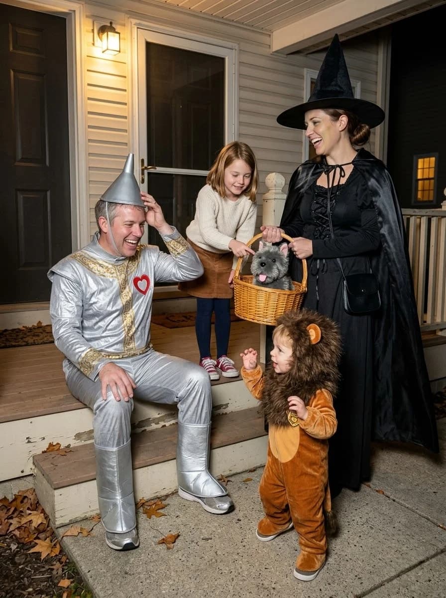 The Wizard of Oz Family Costume with Tin Man, Wicked Witch, Dorothy, and Cowardly Lion