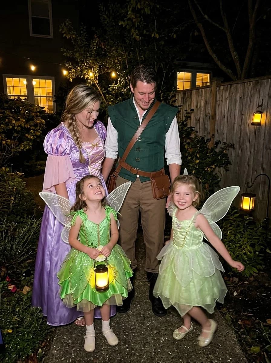 Tangled-Inspired Family Costume with Rapunzel, Flynn Rider, and Little Fairies
