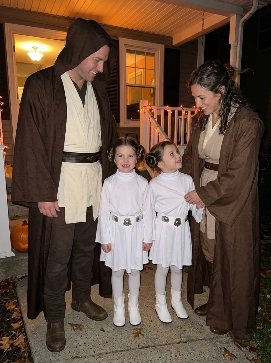 Star Wars Family Costume with Jedi Parents and Princess Leia Twins