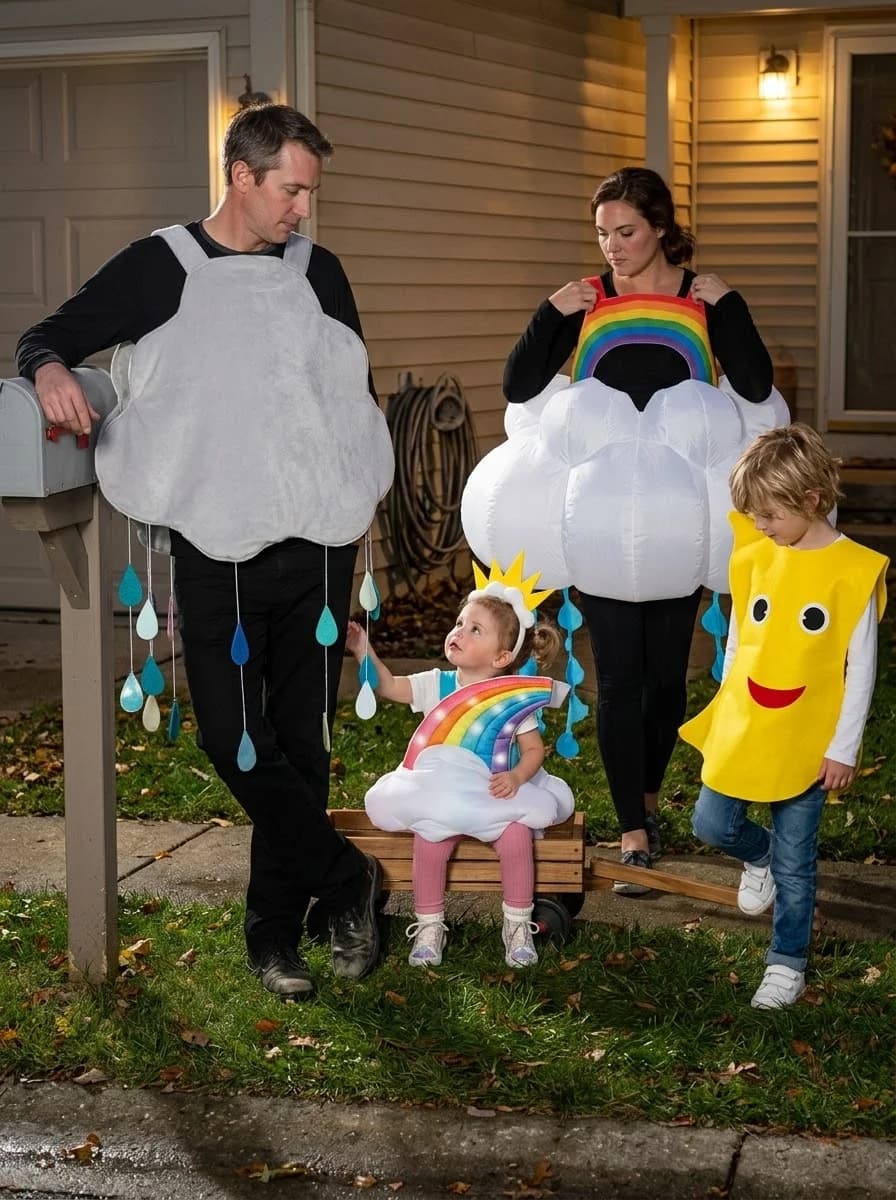 Weather Forecast Family Costume with Rain Cloud, Rainbow, and Sunshine