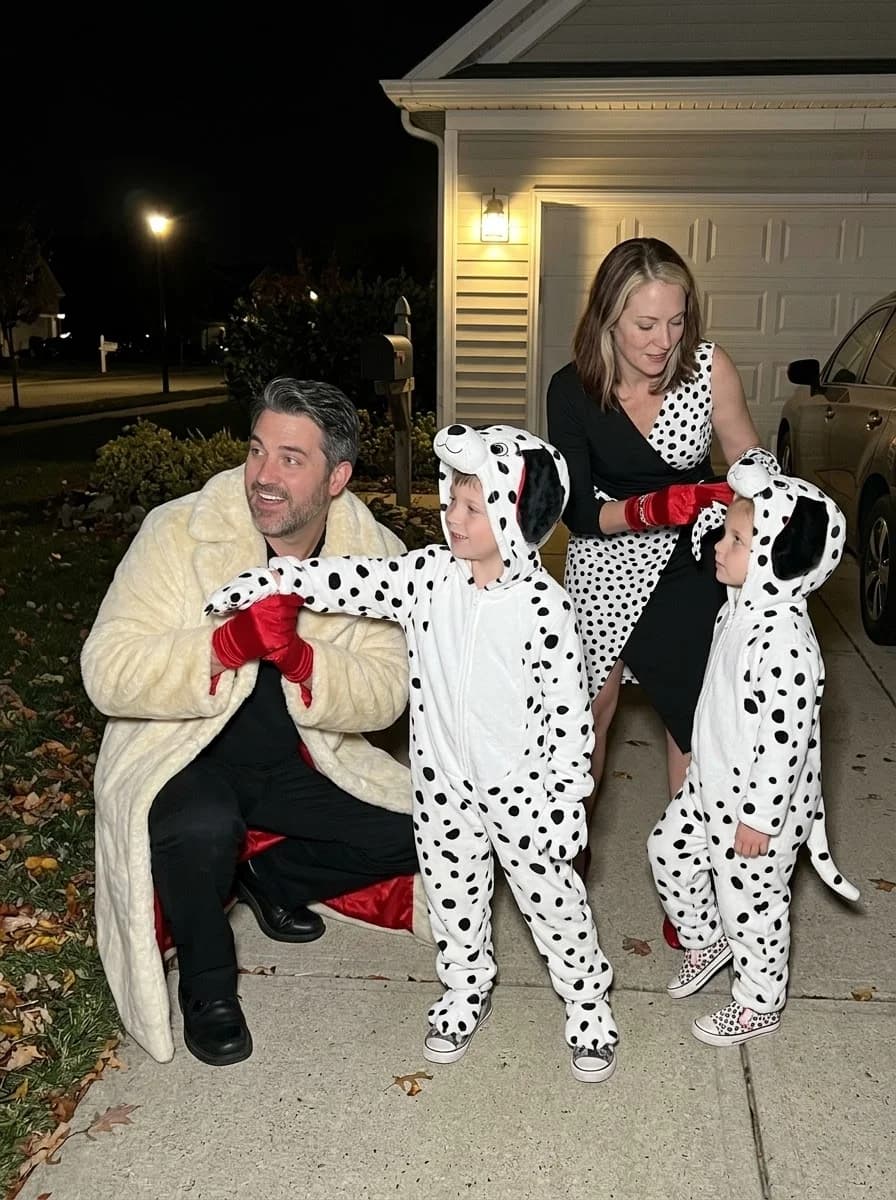 101 Dalmatians Family Costume with Cruella De Vil and Dalmatian Puppies