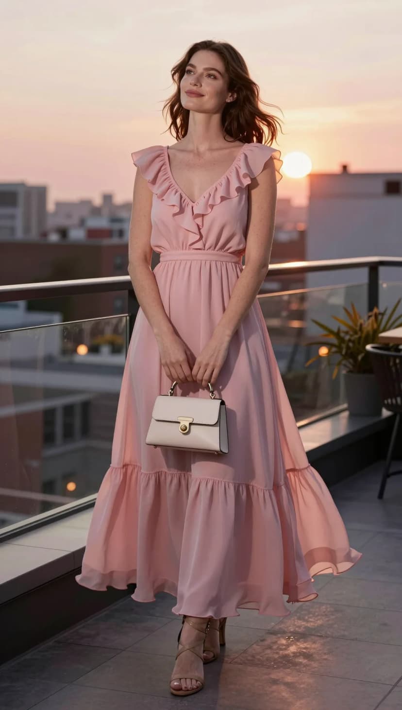 Pink Chiffon Ruffle Dress + Cream Structured Top Handle Bag + Beige Strappy Heels