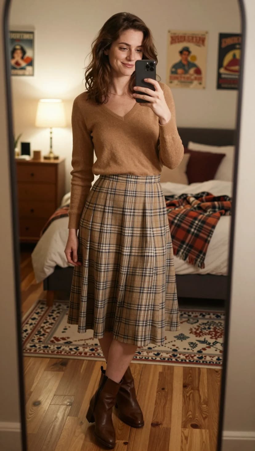 Camel V-Neck Sweater + Plaid Midi Skirt + Brown Leather Boots