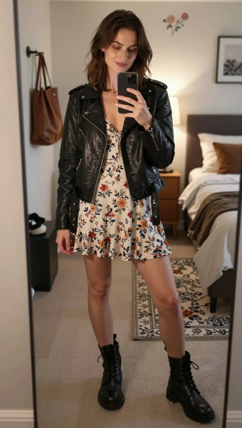 Black Leather Moto Jacket + Cream Floral Print Mini Dress + Black Combat Boots