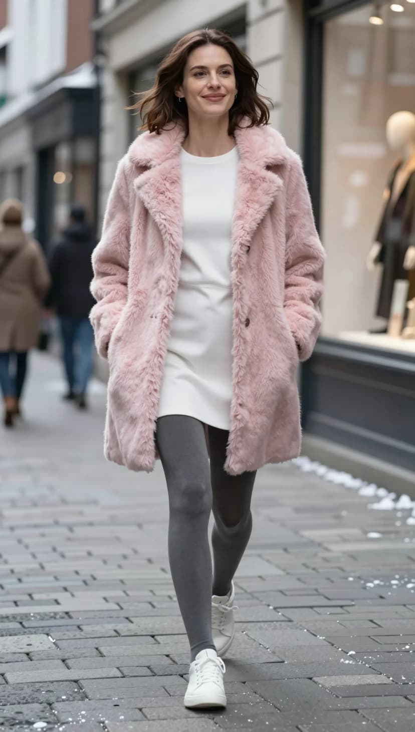Pink Faux Fur Coat + White T-Shirt Dress + Grey Tights + White Sneakers