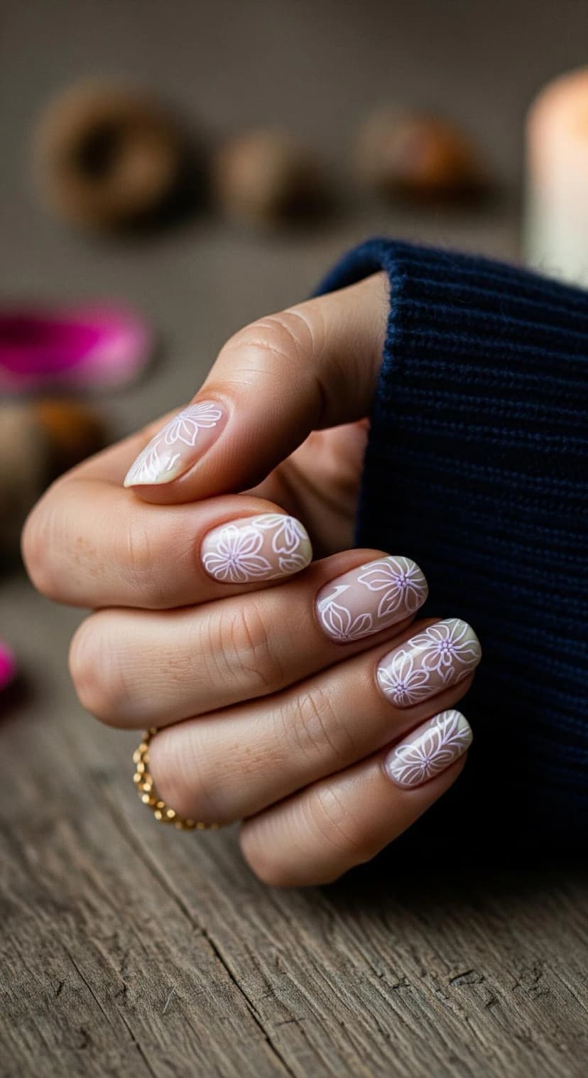 Sheer Nude Nails with White Floral Art & Lavender Outline