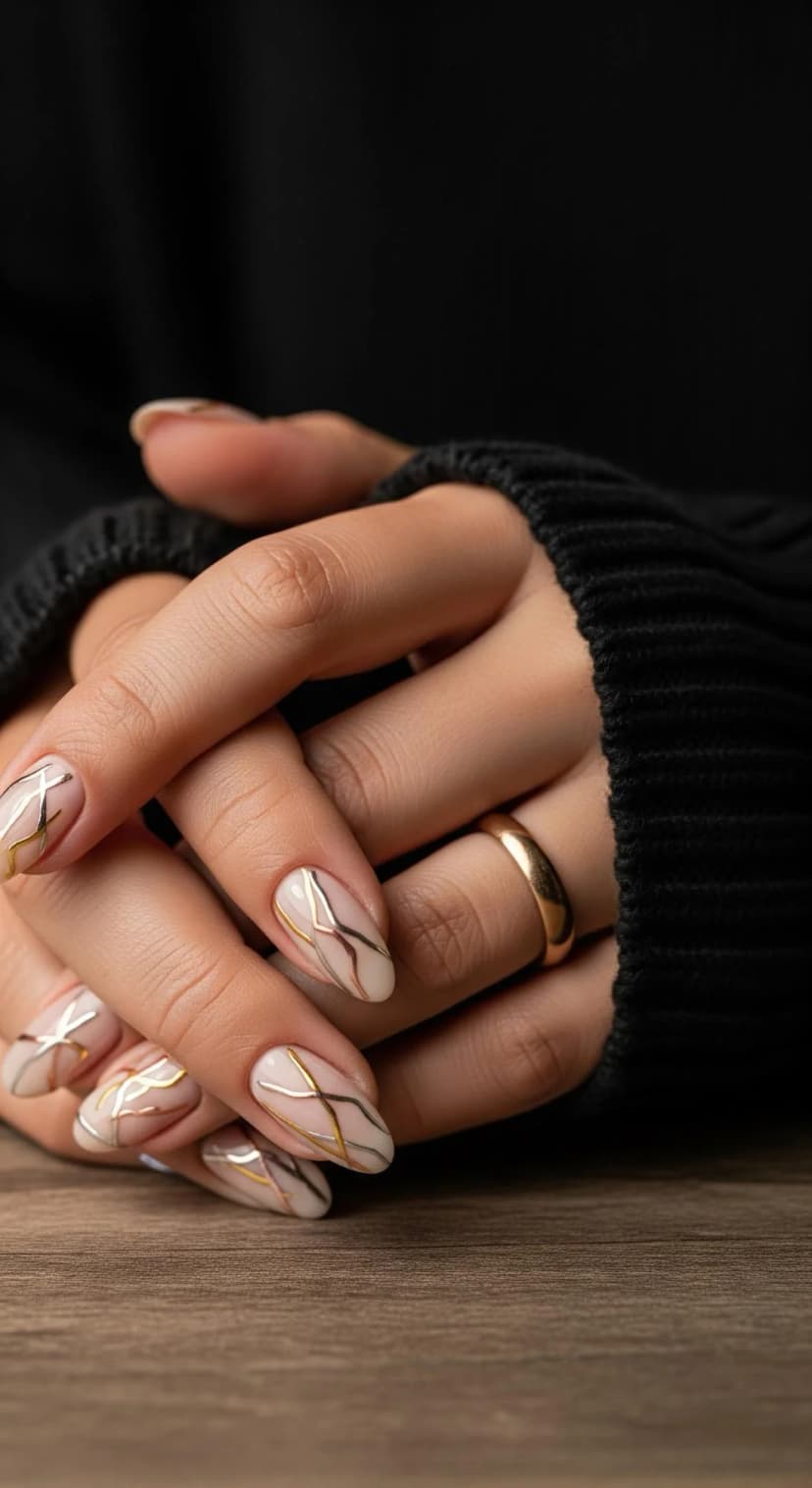 Nude Almond Nails with Gold & Silver Line Art