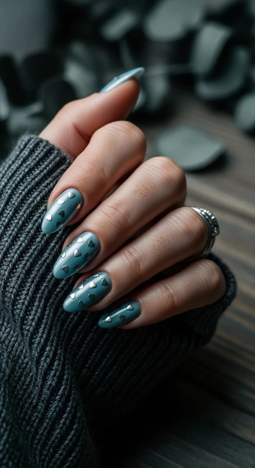 Teal Almond Nails with Heart Stud Details