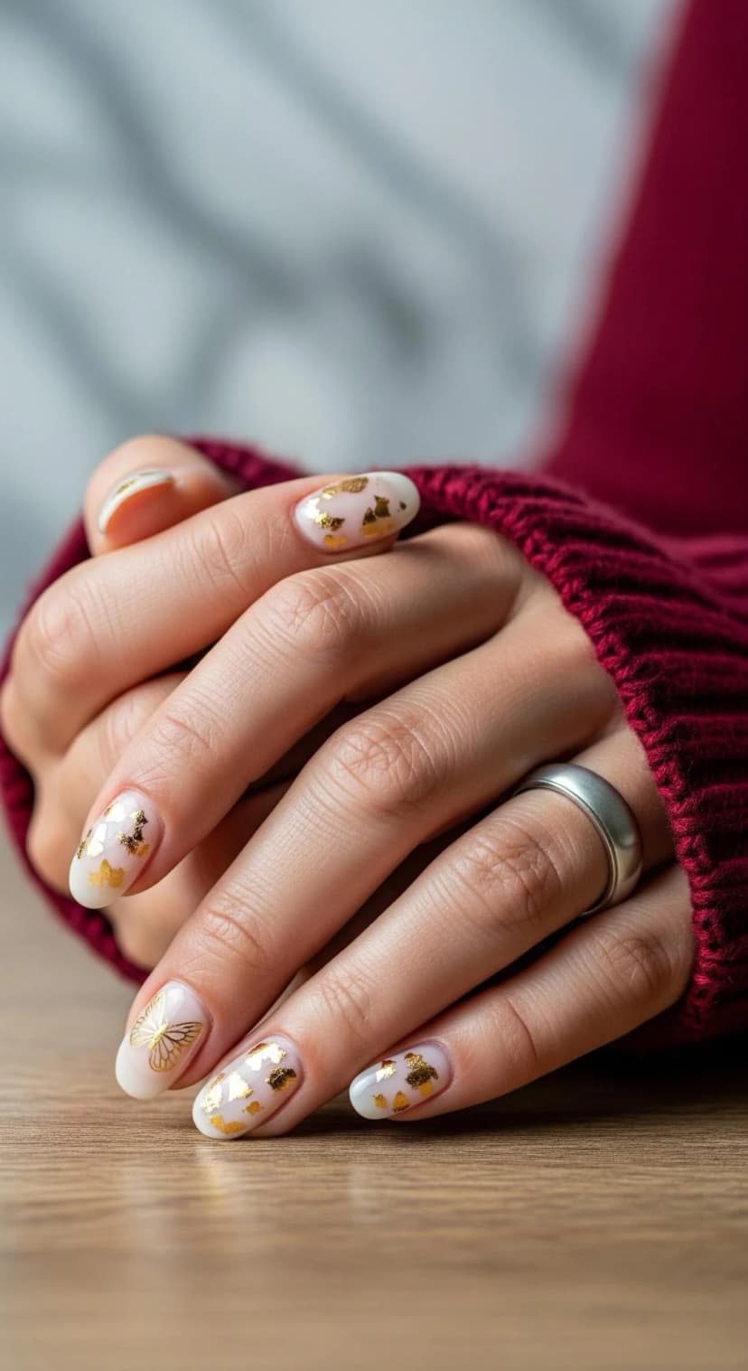 White Pearlescent Nails with Gold Butterfly & Leaf Details
