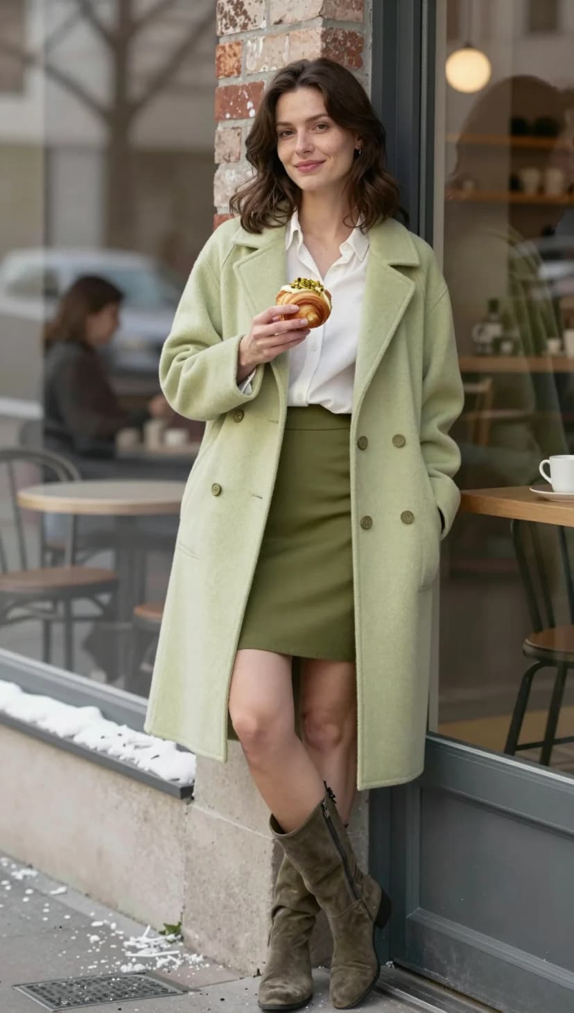 White Button-Down Shirt + Olive Mini Skirt + Light Green Wool Coat + Olive Suede Boots