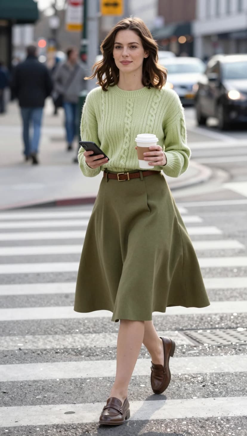 Lime Cable Knit Sweater + Olive A-Line Skirt + Brown Leather Loafers