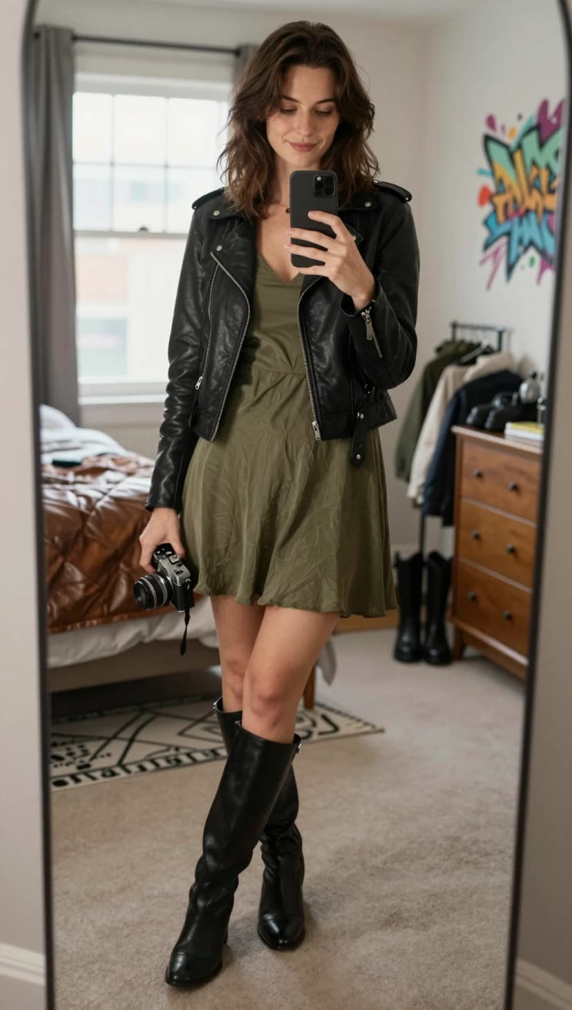 Black Leather Moto Jacket + Olive Slip Dress + Black Leather Boots