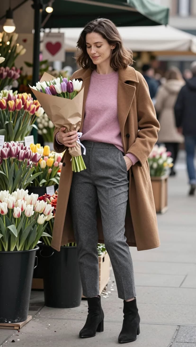 Pink Cashmere Sweater + Grey Wool Trousers + Camel Wool Coat + Black Suede Ankle Boots
