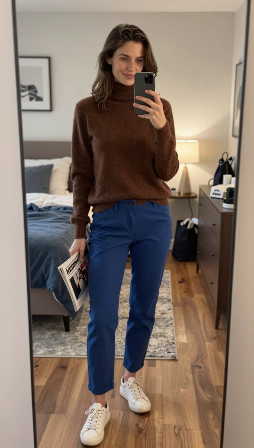 Brown Knit Turtleneck + Royal Blue Chinos + White Leather Sneakers