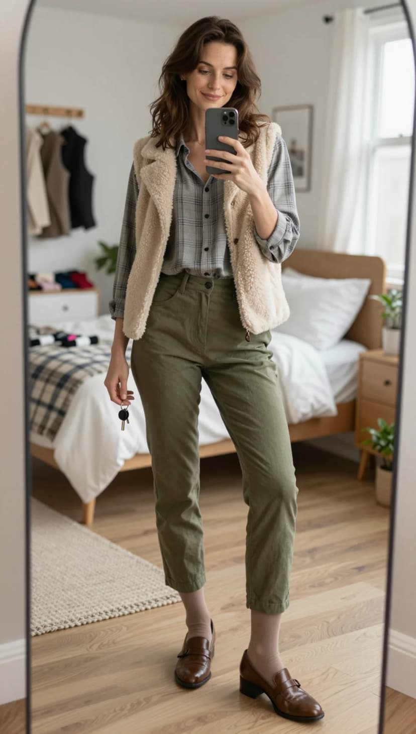Grey Plaid Button-Down Shirt + Cream Sherpa Vest + Olive Trousers + Brown Loafers