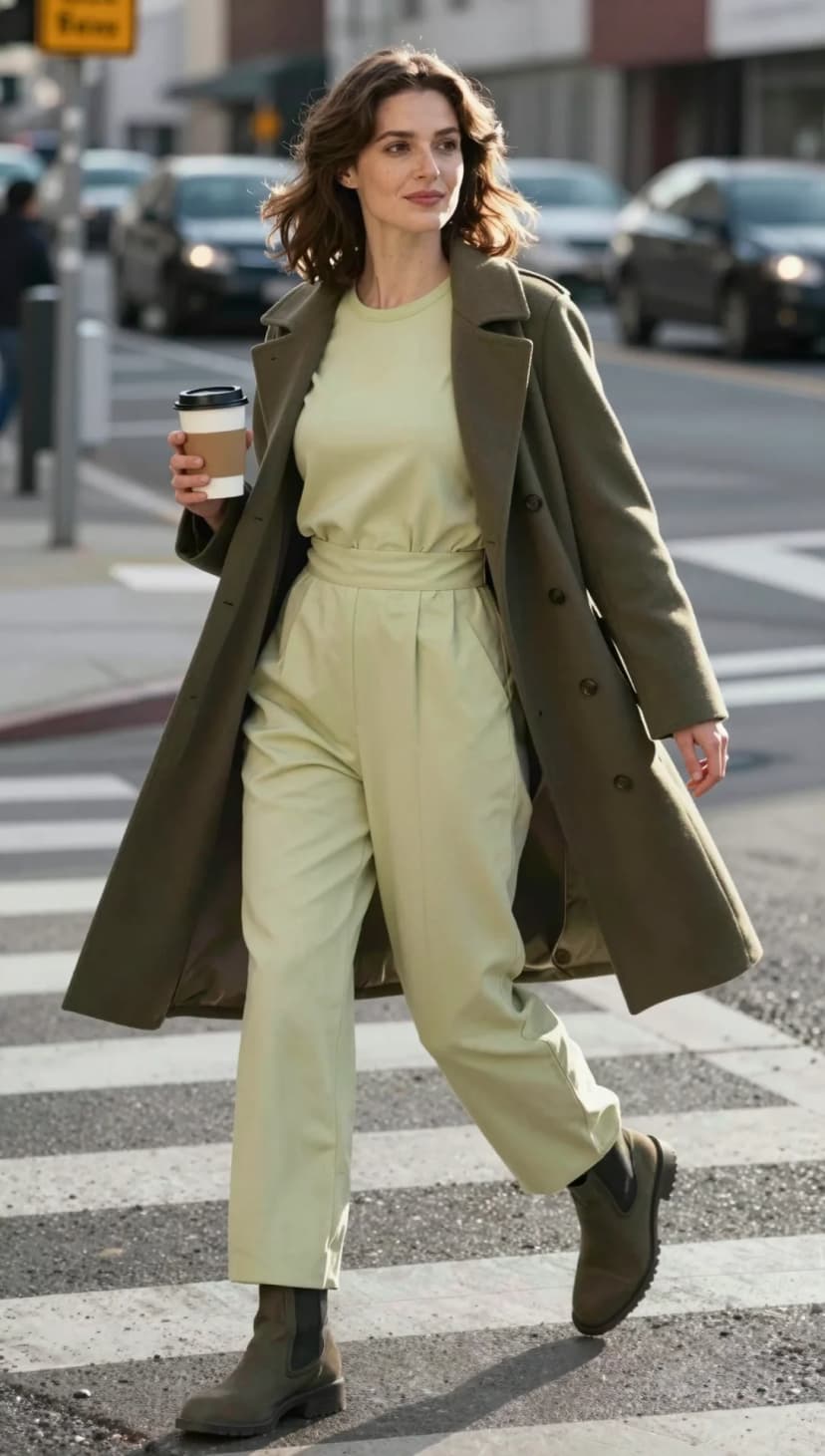 Pale Green Cotton T-shirt + Pale Green Cotton Trousers + Olive Wool Coat + Olive Leather Boots