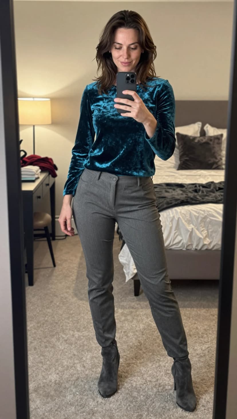 Teal Velvet Top + Grey Pinstripe Trousers + Charcoal Suede Boots