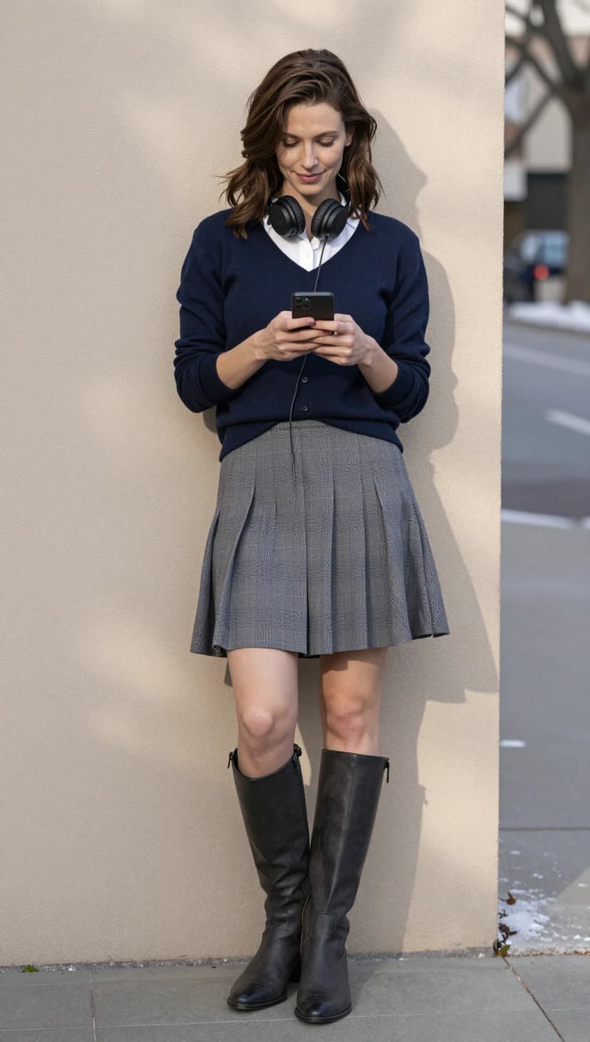 Navy V-Neck Cardigan + White Button-Down Shirt + Grey Plaid Mini Skirt + Black Knee-High Boots