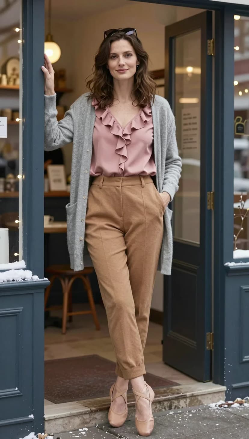 Pink Ruffle Blouse + Camel Trousers + Grey Cardigan + Nude Ballet Flats