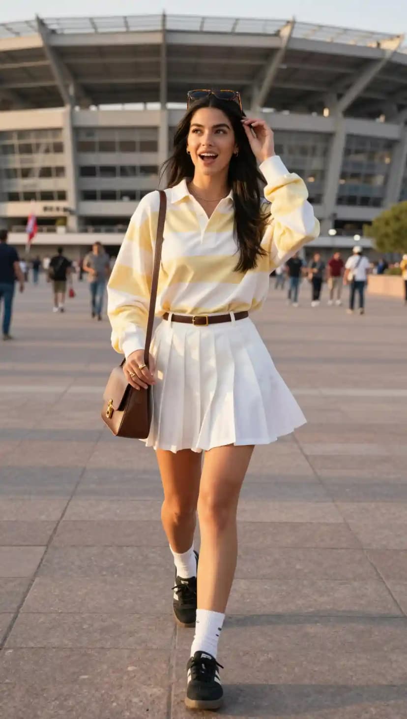 Yellow and White Striped Rugby Shirt + White Pleated Mini Skirt + Brown Crossbody Bag