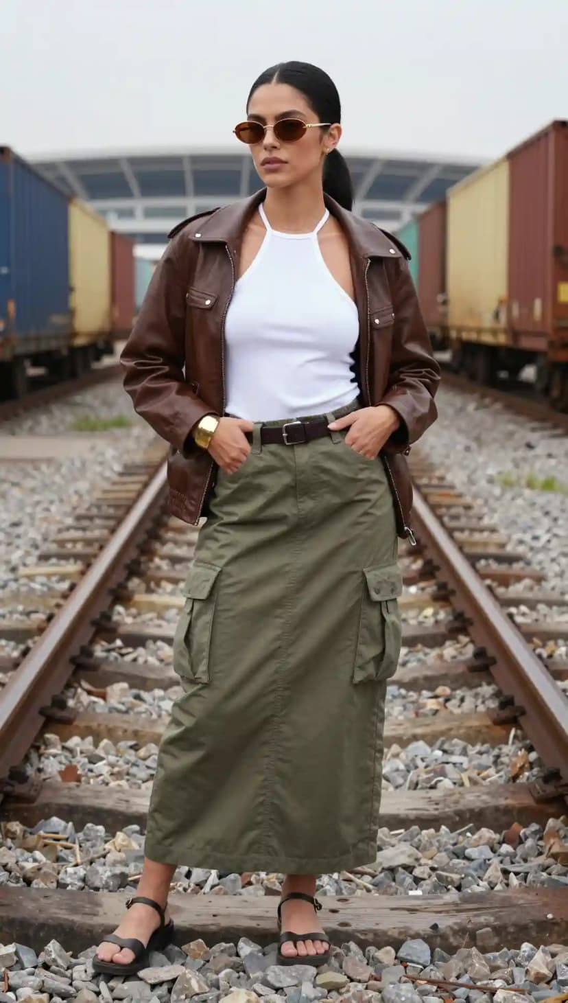 Brown Leather Jacket + White Halter Top + Olive Green Cargo Maxi Skirt + Black Sandals