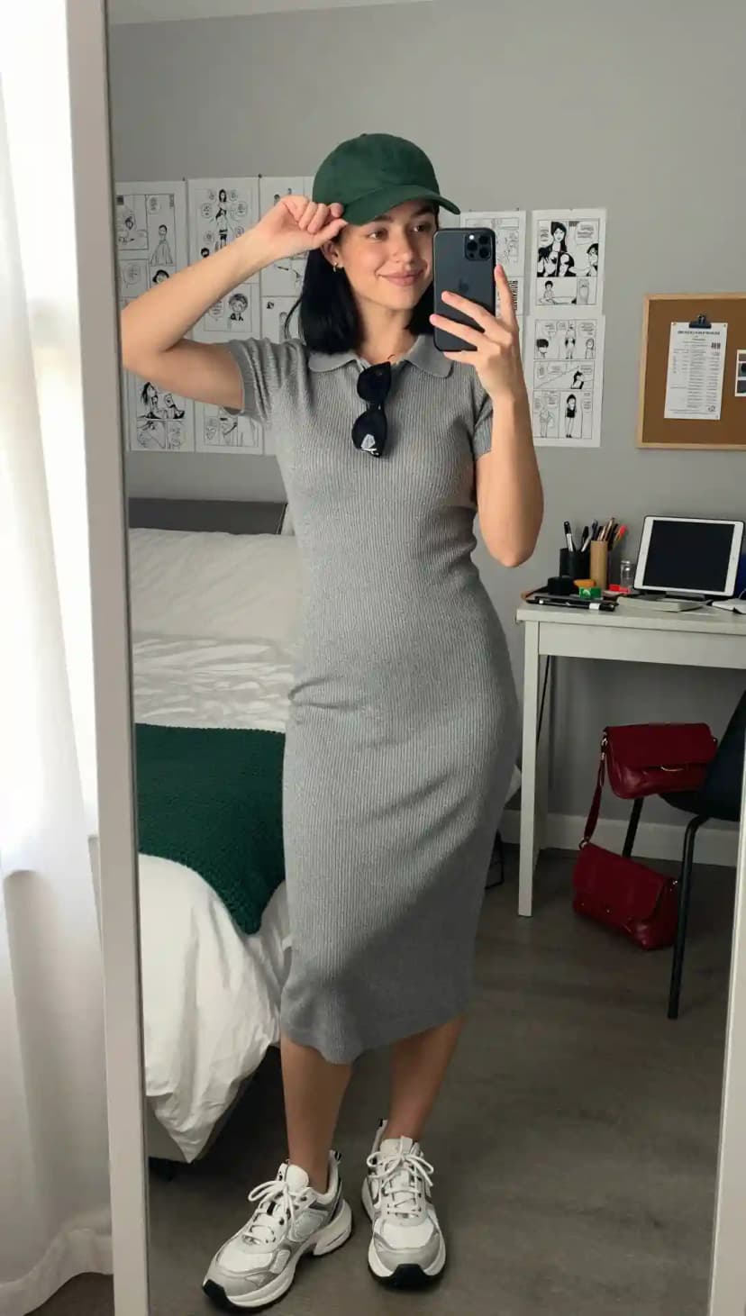Grey Ribbed Knit Midi Dress + Green Baseball Cap + Chunky Sneakers