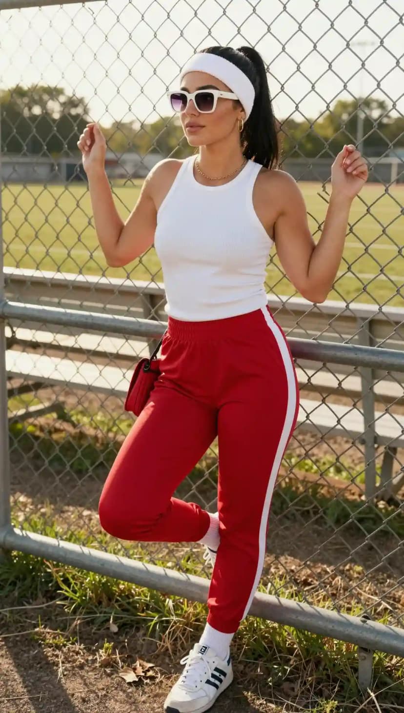 White Ribbed Tank Top + Red Track Pants + White Sneakers