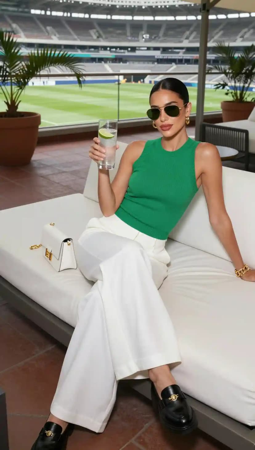 Green Knit Top + White Wide-Leg Trousers + Black Loafers