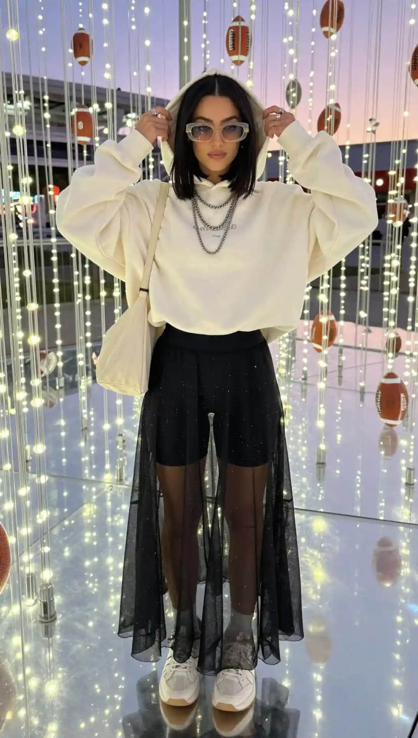 Cream Oversized Sweatshirt + Black Tulle Skirt + White Sneakers