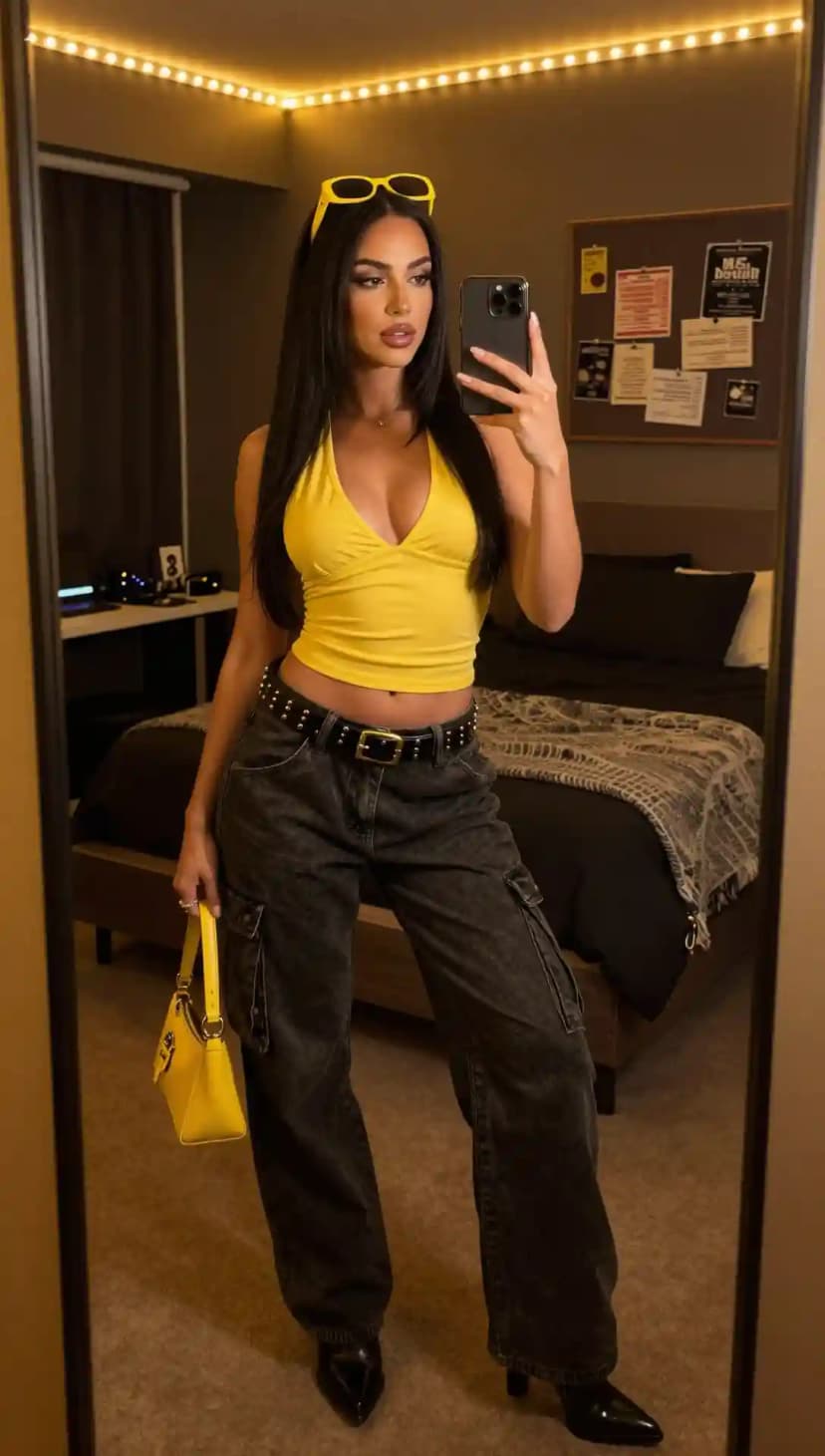 Yellow Halter Crop Top + Black Cargo Pants + Black Studded Belt