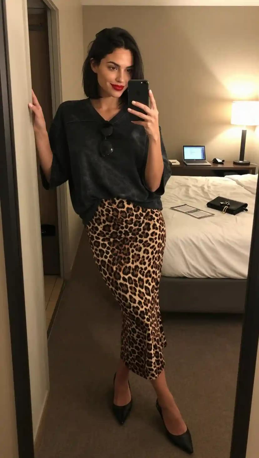 Dark Grey Oversized T-Shirt + Leopard Print Maxi Skirt + Black Pointed Heels
