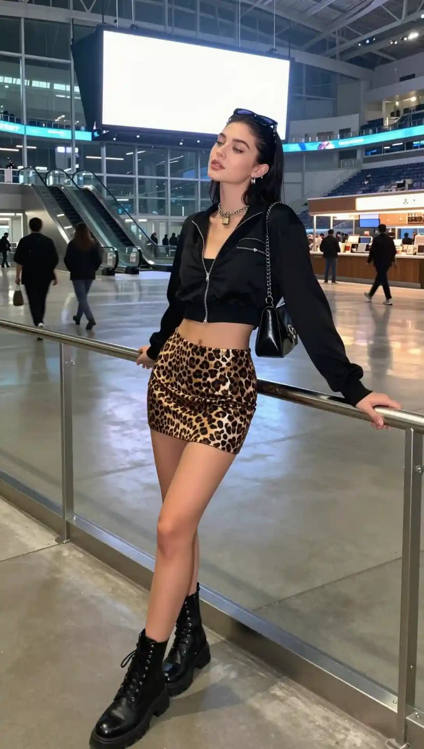 Black Cropped Jacket + Leopard Print Mini Skirt + Black Combat Boots