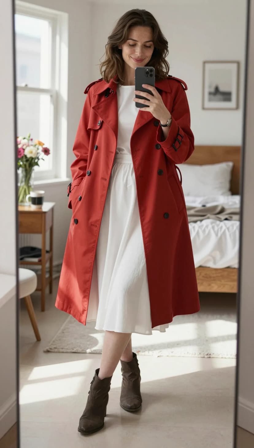 Red Cotton Trench Coat + White Cotton Midi Dress + Brown Suede Ankle Boots