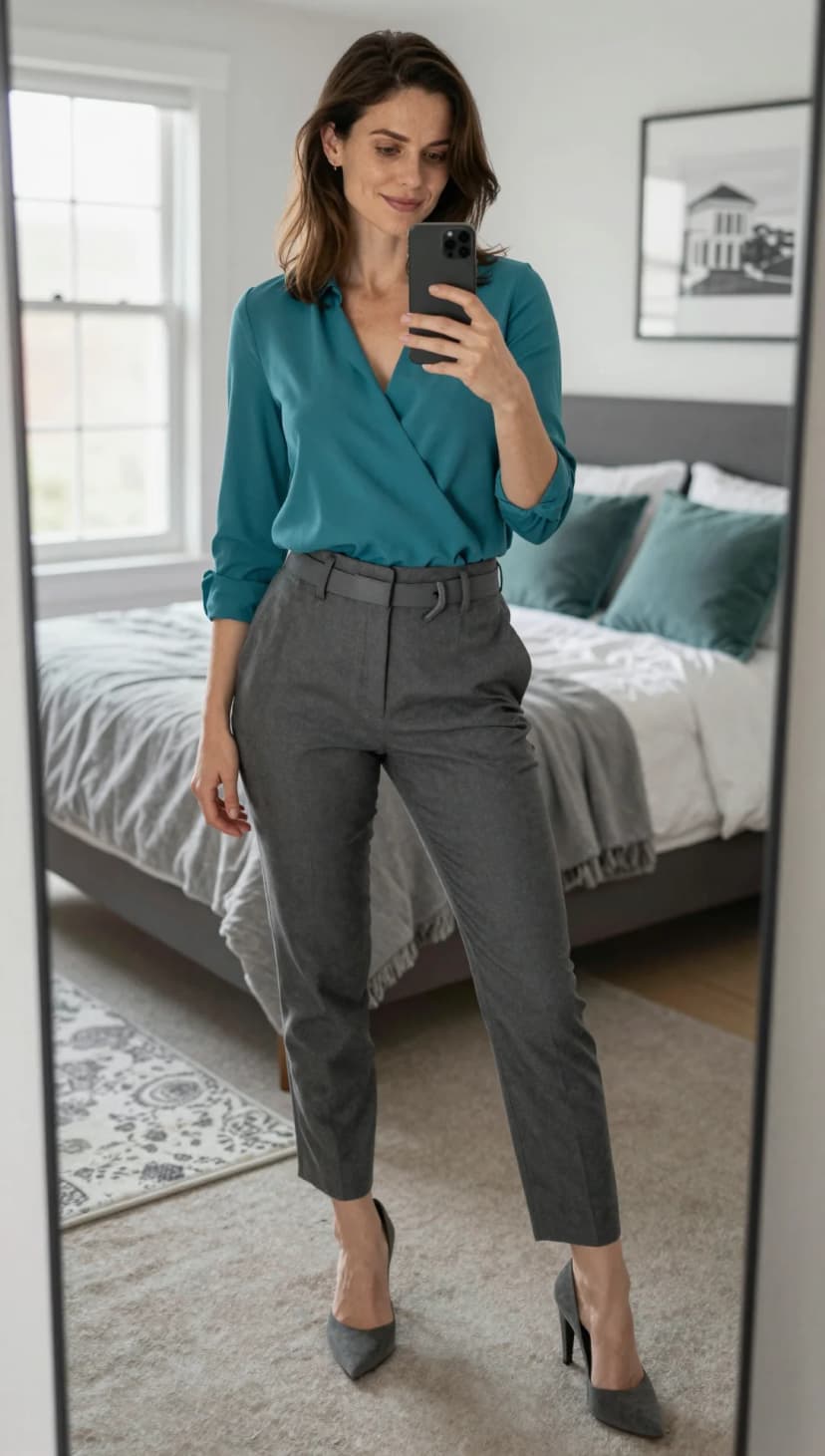 Teal Silk Wrap Blouse + Grey Wool Trousers + Grey Suede Heels