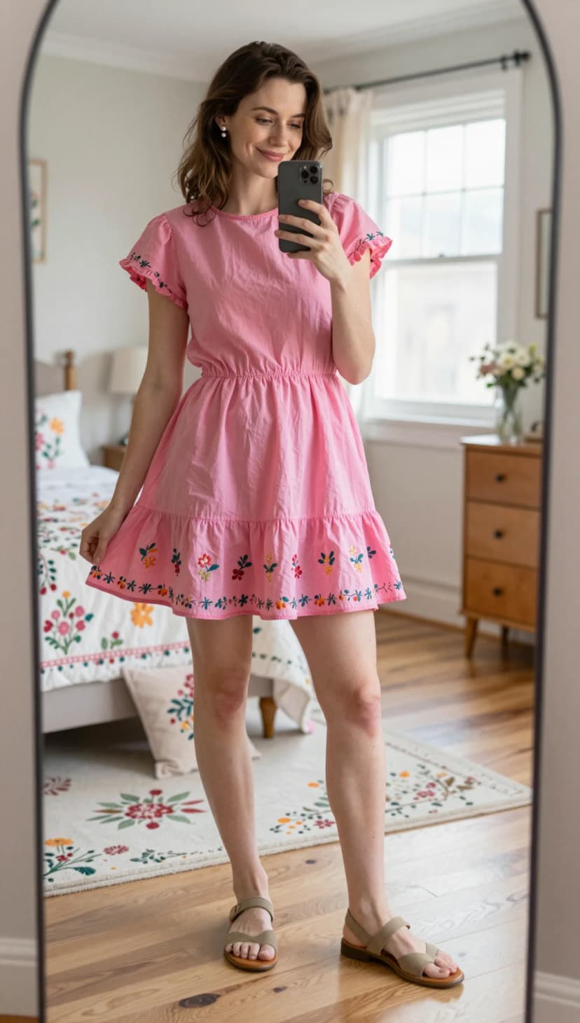 Pink Cotton Embroidered Dress + Taupe Leather Sandals