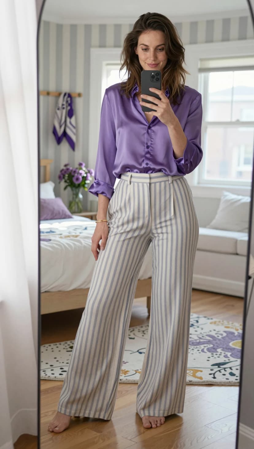 Purple Silk Button-Down + Cream Striped Wide-Leg Trousers