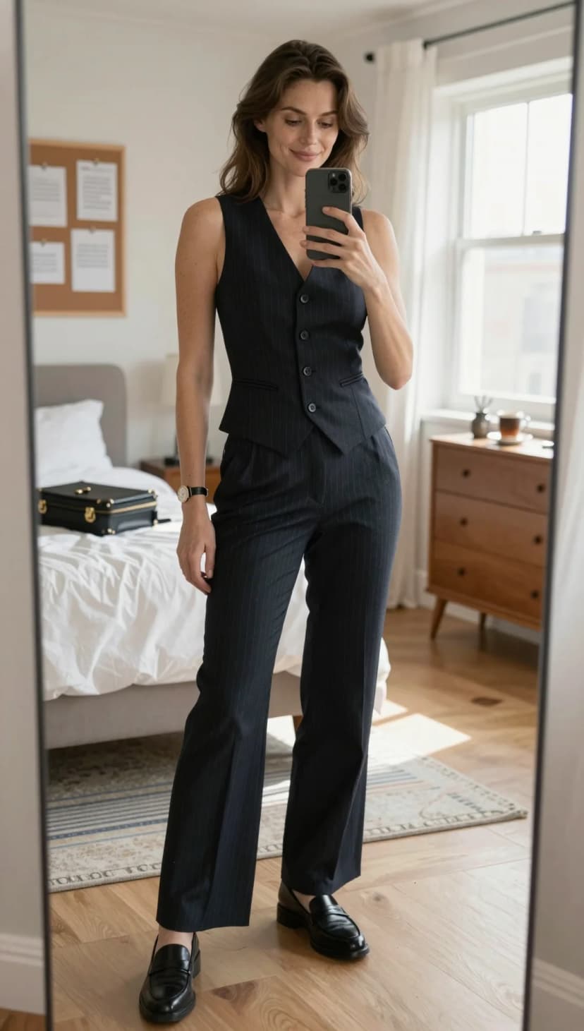 Navy Pinstripe Wool Vest + Navy Pinstripe Wool Trousers + Black Leather Loafers