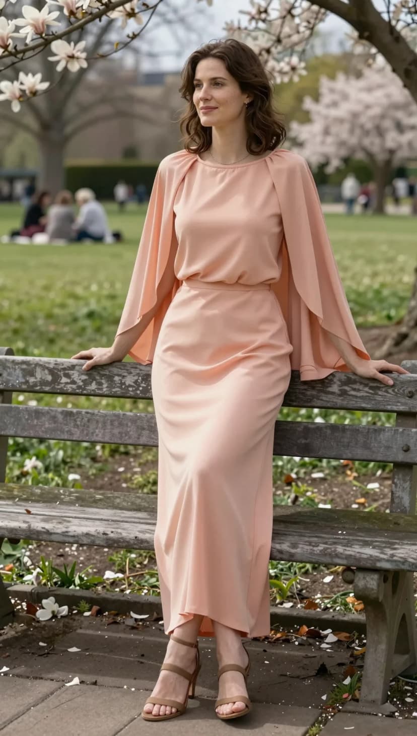 Peach Crepe Cape Dress + Taupe Strappy Heels