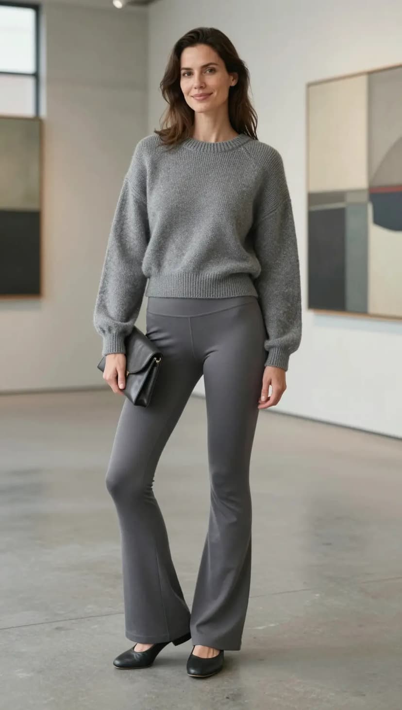 Grey Fuzzy Knit Sweater + Grey Flared Leggings + Black Leather Pumps