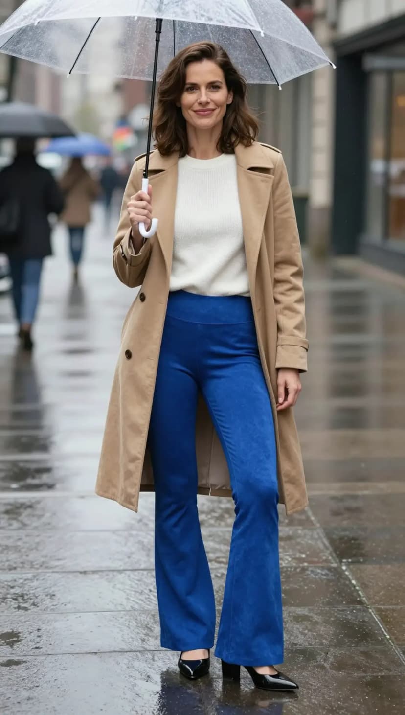 Cream Ribbed Knit Sweater + Royal Blue Velvet Flared Leggings + Tan Trench Coat