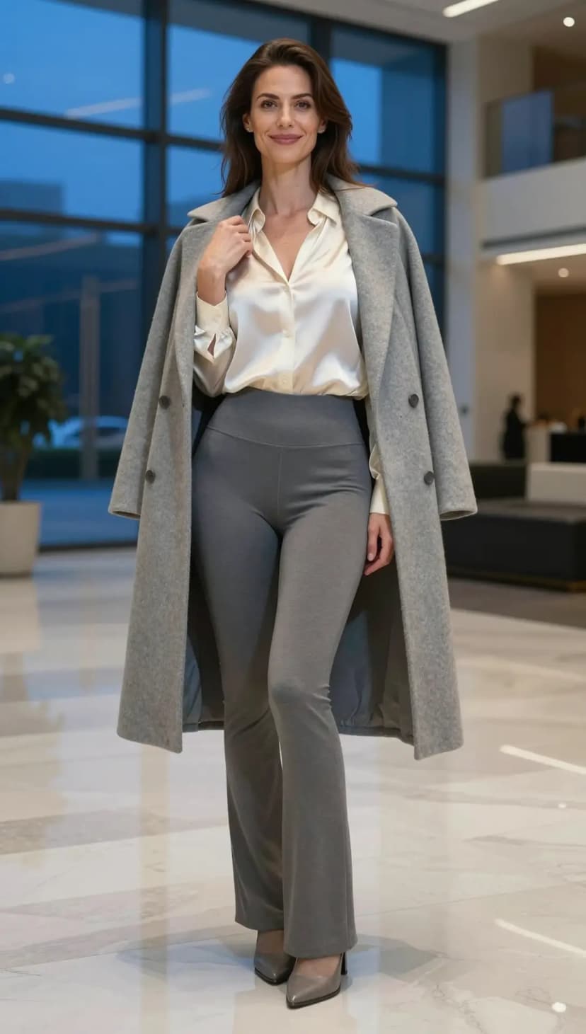 Cream Satin Button-Up Shirt + Grey Flared Leggings + Grey Pointed-Toe Heels + Grey Wool Coat