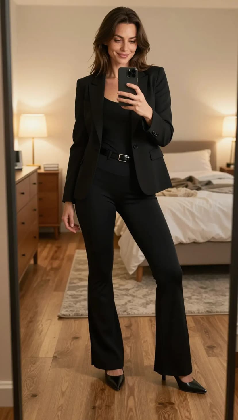 Black Crepe Blazer + Black Ribbed Tank Top + Black Flared Leggings + Black Leather Pointed Heels