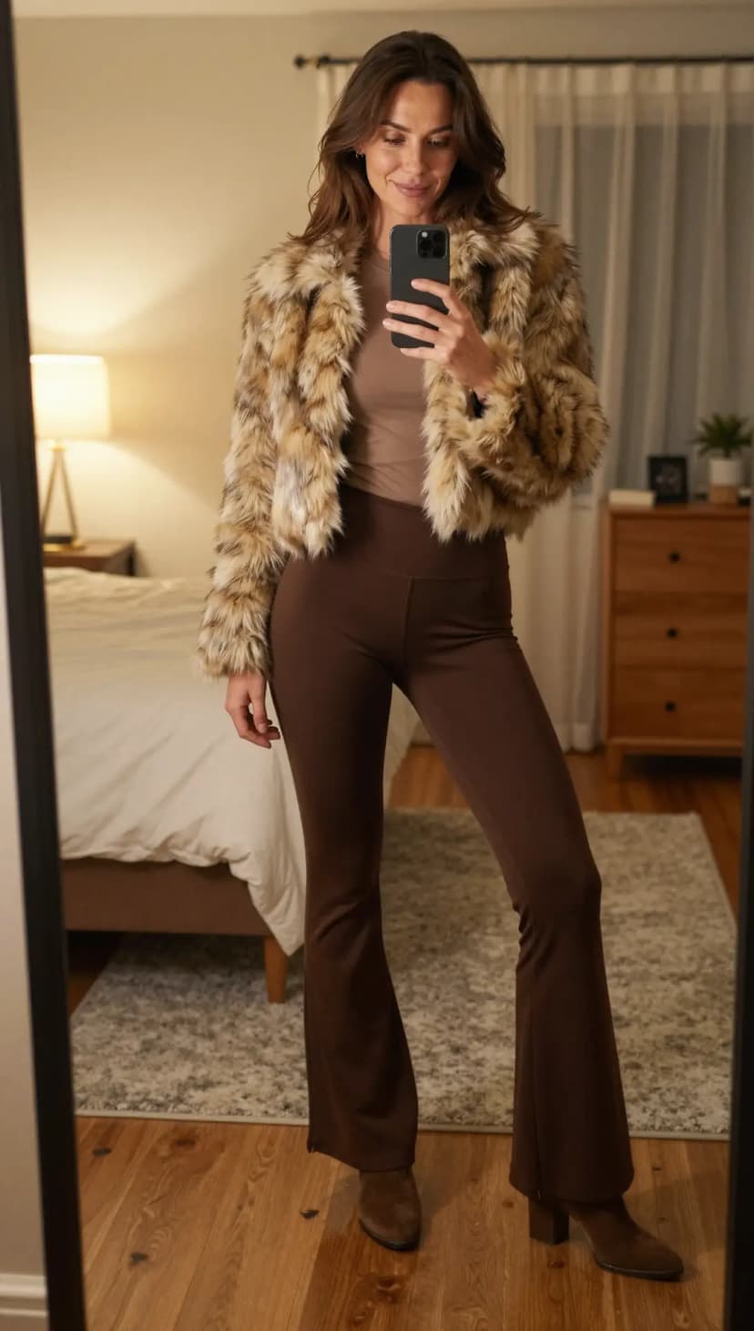 Brown Ribbed Knit Top + Brown Flared Leggings + Faux Fur Leopard Print Cropped Jacket + Brown Suede Heeled Boots