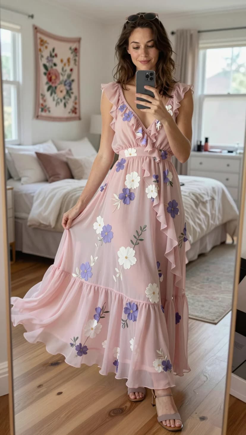 Pink Chiffon Floral Maxi Dress + Taupe Heeled Sandals