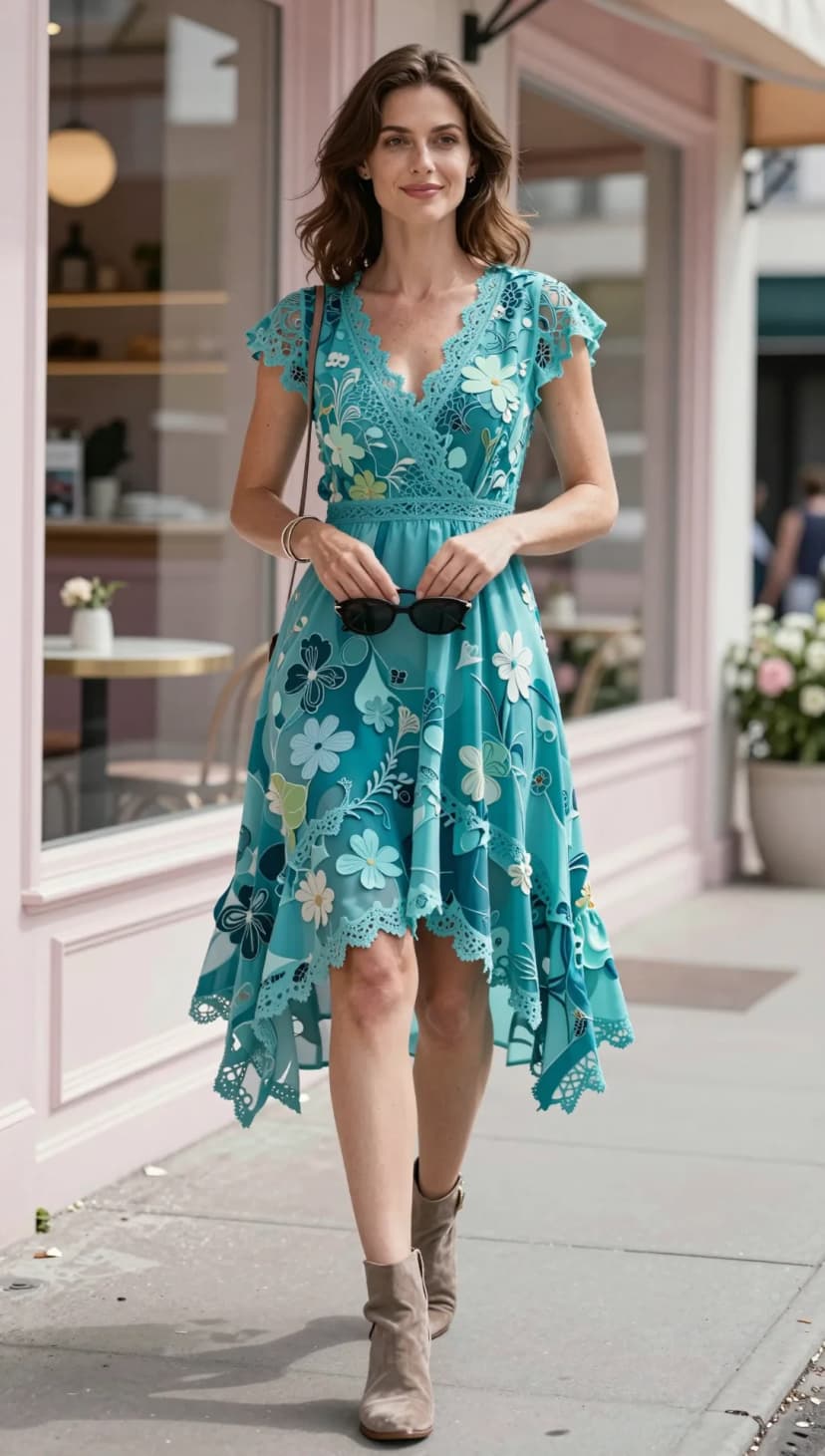 Teal Floral Print Chiffon Dress + Taupe Suede Ankle Boots