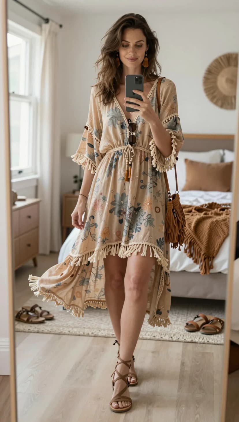 Beige Floral Print Gauze Maxi Dress + Tan Lace-Up Gladiator Sandals + Tan Suede Fringe Crossbody Bag
