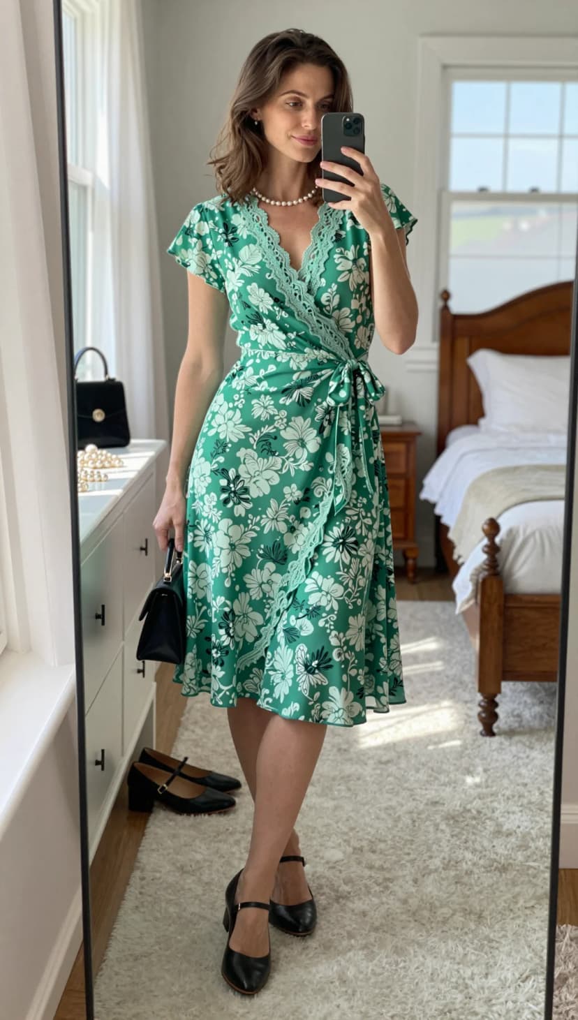 Green Floral Print Wrap Dress + Black Mary Jane Heels + Black Top Handle Bag