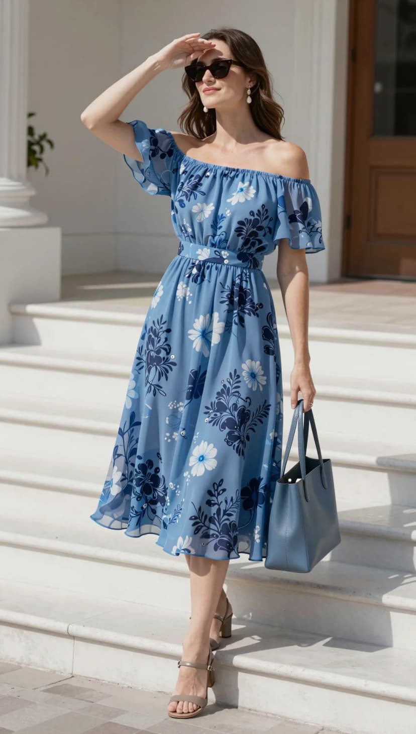 Blue Floral Chiffon Off-The-Shoulder Midi Dress + Taupe Strappy Heels + Blue Leather Tote Bag