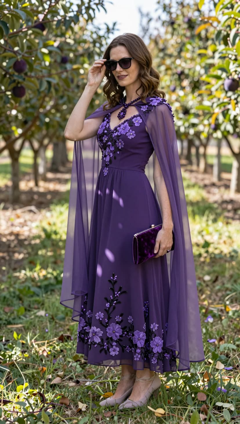 Purple Chiffon Embroidered Dress + Nude Block Heels + Deep Purple Velvet Clutch + Beaded Statement Necklace