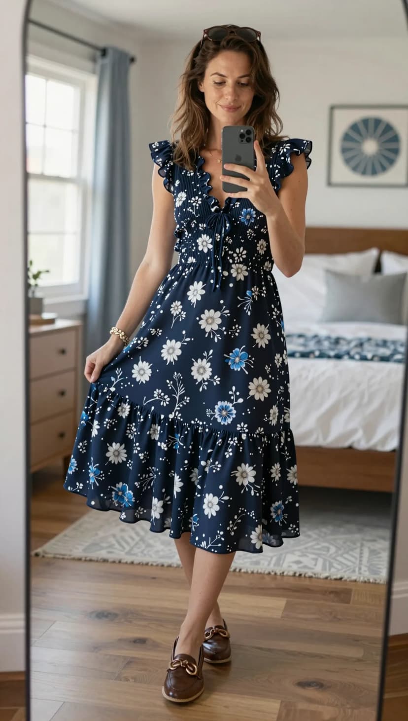 Navy Floral Chiffon Midi Dress + Brown Leather Loafers